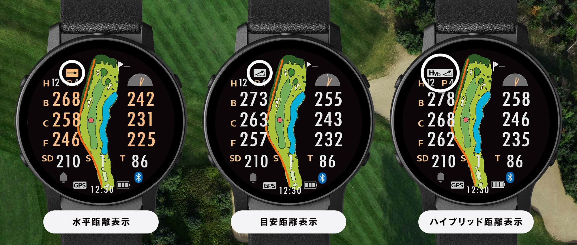 水平距離、目安距離、ハイブリッド距離表示の切り替えがワンタッチ